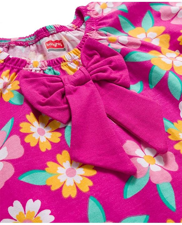 Babyhug Cotton Knit Half Puffed Sleeves Top with Floral Print & Bow Applique - Dark Pink