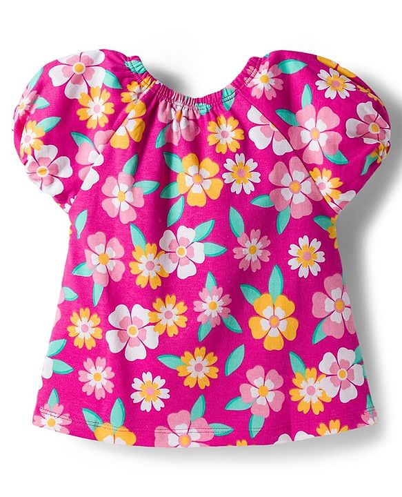 Babyhug Cotton Knit Half Puffed Sleeves Top with Floral Print & Bow Applique - Dark Pink