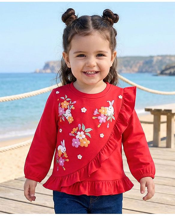 Babyhug Cotton Knit Full Sleeves Top with Floral & Animal Print & Frill Detailing - Red