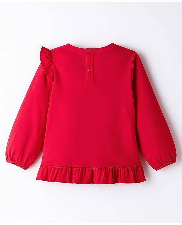 Babyhug Cotton Knit Full Sleeves Top with Floral & Animal Print & Frill Detailing - Red