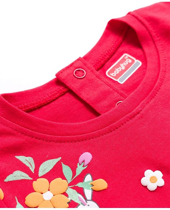 Babyhug Cotton Knit Full Sleeves Top with Floral & Animal Print & Frill Detailing - Red