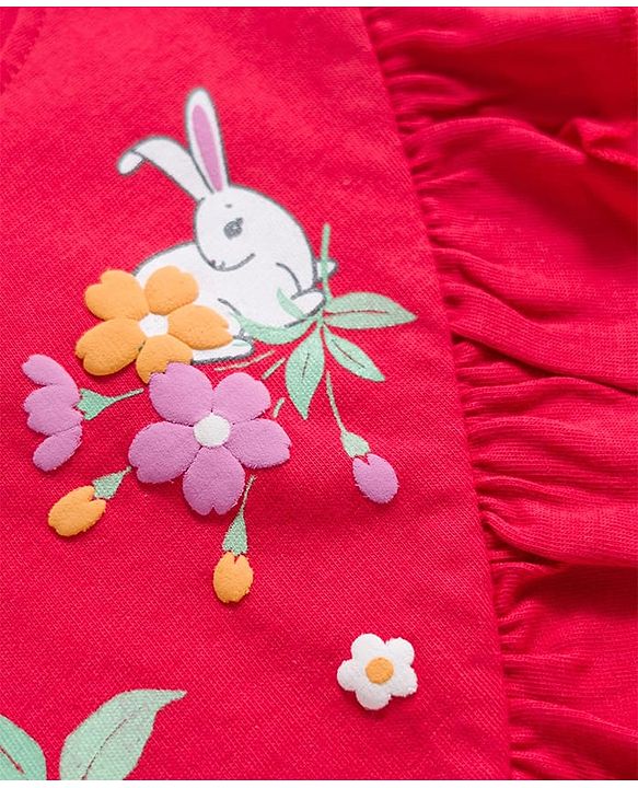 Babyhug Cotton Knit Full Sleeves Top with Floral & Animal Print & Frill Detailing - Red