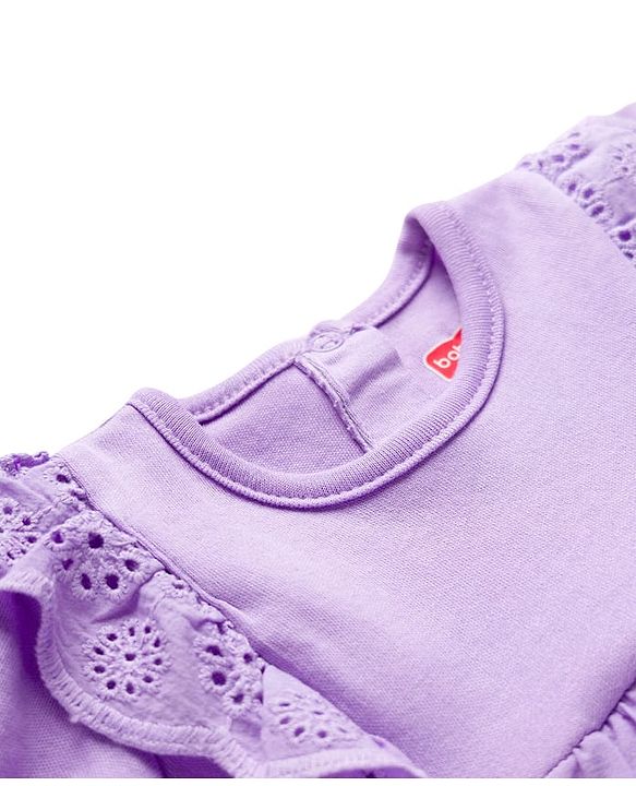 Babyhug 100% Cotton Knit Half Puffed Sleeves Chifilli Frock Style Onesie with Hairband & Booties - Lavender