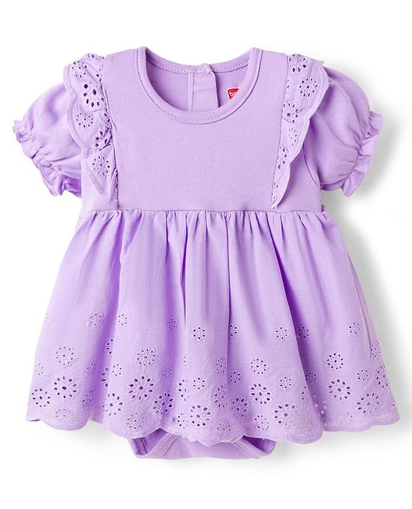 Babyhug 100% Cotton Knit Half Puffed Sleeves Chifilli Frock Style Onesie with Hairband & Booties - Lavender