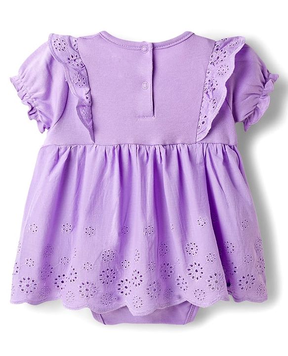 Babyhug 100% Cotton Knit Half Puffed Sleeves Chifilli Frock Style Onesie with Hairband & Booties - Lavender
