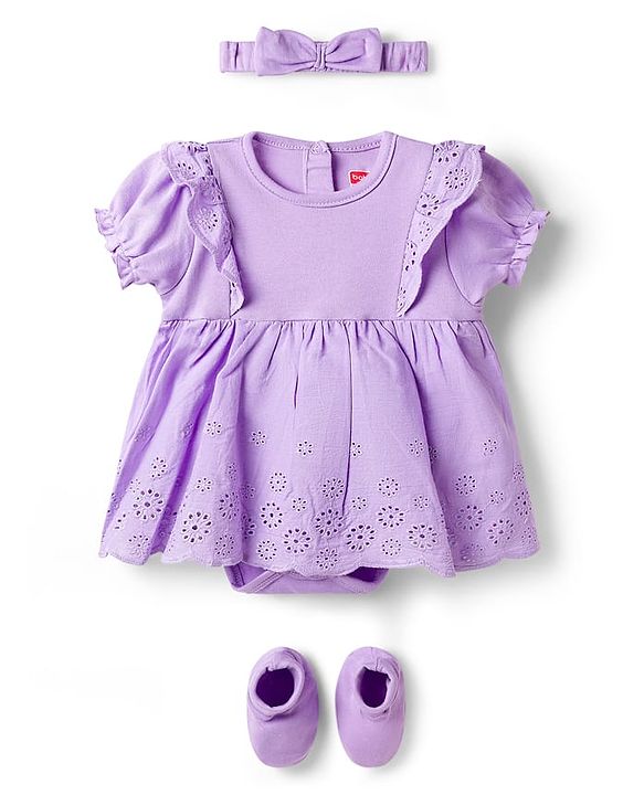 Babyhug 100% Cotton Knit Half Puffed Sleeves Chifilli Frock Style Onesie with Hairband & Booties - Lavender