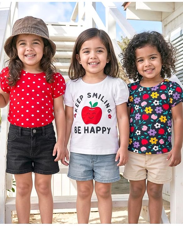 Babyhug Cotton Knit Half Sleeves T-Shirt with Floral & Polka Dot Print Pack of 3 - Red White & Navy Blue