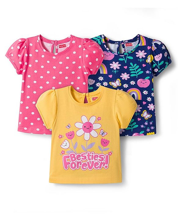 Babyhug Cotton Knit Half Sleeves T-Shirt with Floral & Polka Dot Print Pack of 3 - Pink Yellow & Navy Blue