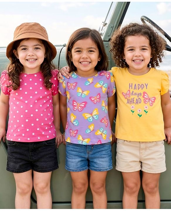 Babyhug Cotton Knit Half Sleeves T-Shirt with Butterfly & Polka Dot Print Pack of 3 - Pink Yellow & Plum