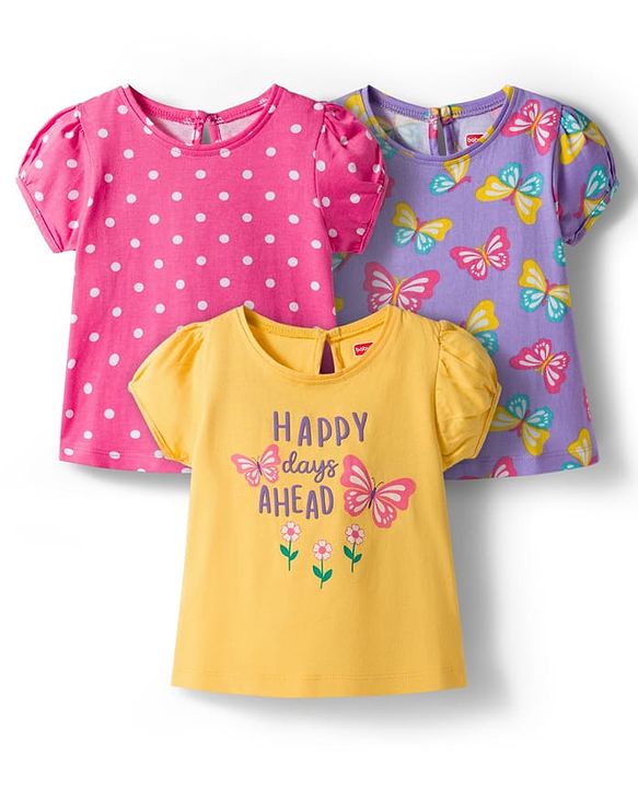 Babyhug Cotton Knit Half Sleeves T-Shirt with Butterfly & Polka Dot Print Pack of 3 - Pink Yellow & Plum