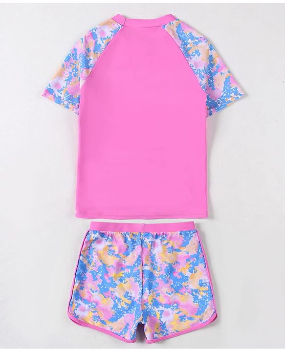Pine Active Half Raglan Sleeves Tie & Dye Two Piece Swimsuit with Swimming Print - Pink