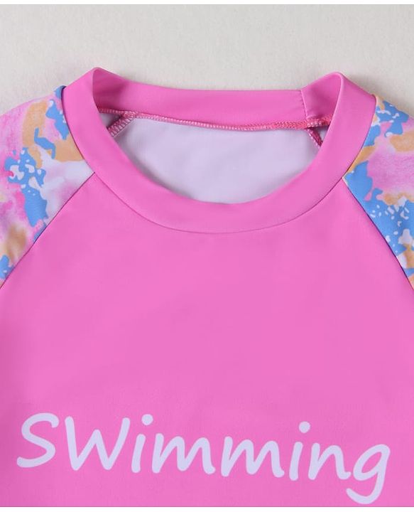 Pine Active Half Raglan Sleeves Tie & Dye Two Piece Swimsuit with Swimming Print - Pink