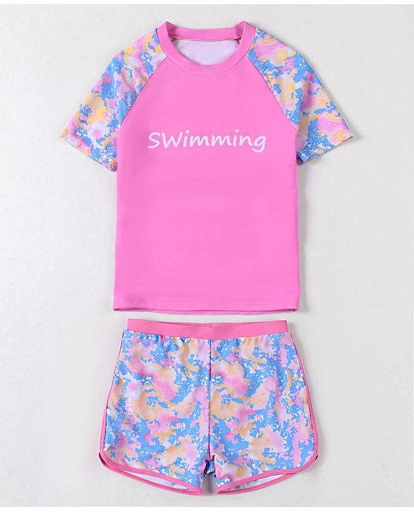 Pine Active Half Raglan Sleeves Tie & Dye Two Piece Swimsuit with Swimming Print - Pink
