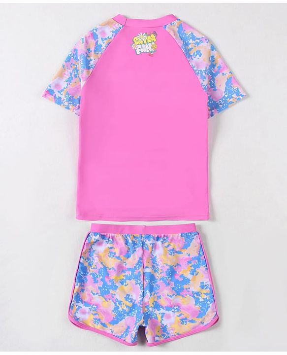 Pine Active Half Raglan Sleeves Tie & Dye Two Piece Swimsuit with Swimming Print - Pink