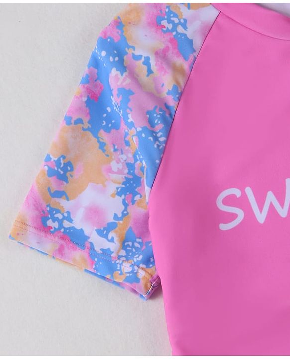 Pine Active Half Raglan Sleeves Tie & Dye Two Piece Swimsuit with Swimming Print - Pink