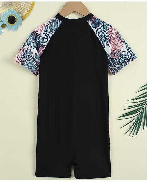 Pine Kids Half Raglan Sleeves Tropical Theme Printed Legged Swimsuit - Black