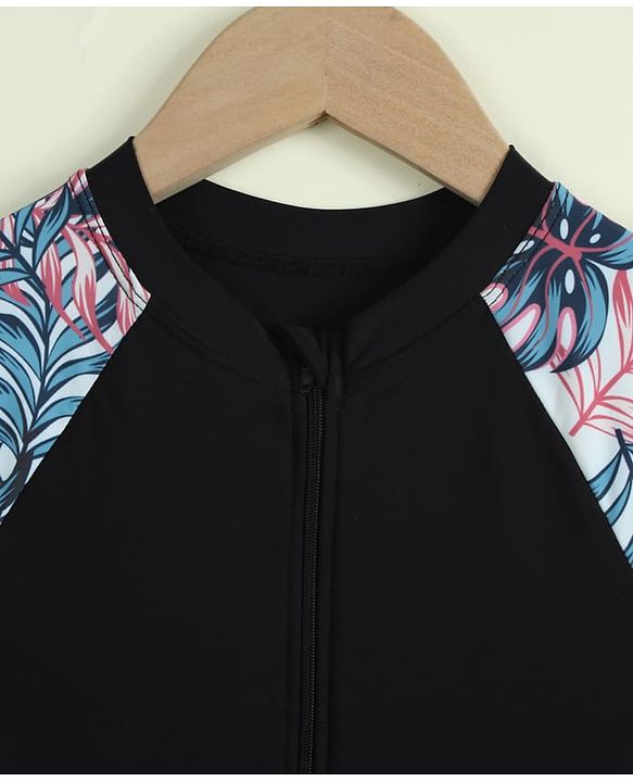 Pine Kids Half Raglan Sleeves Tropical Theme Printed Legged Swimsuit - Black