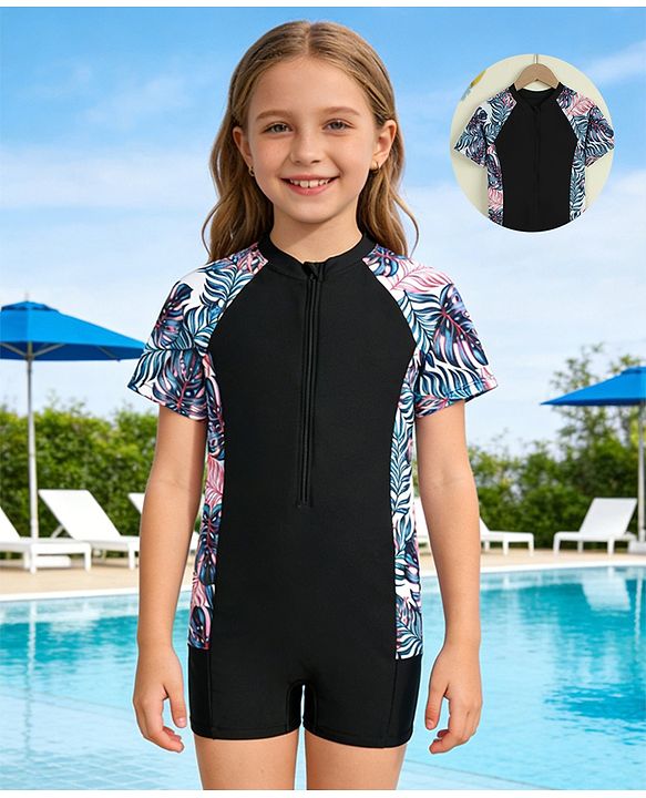 Pine Kids Half Raglan Sleeves Tropical Theme Printed Legged Swimsuit - Black