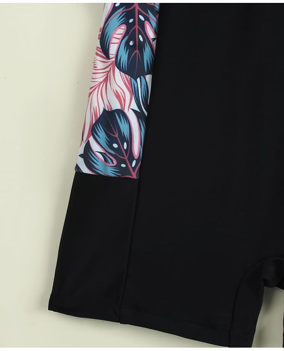 Pine Kids Half Raglan Sleeves Tropical Theme Printed Legged Swimsuit - Black