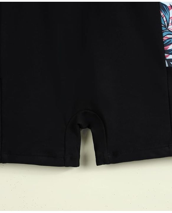 Pine Kids Half Raglan Sleeves Tropical Theme Printed Legged Swimsuit - Black