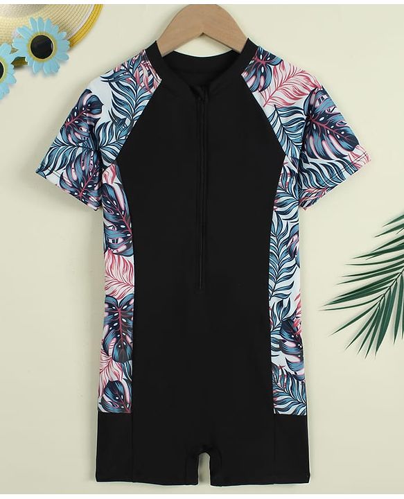 Pine Kids Half Raglan Sleeves Tropical Theme Printed Legged Swimsuit - Black