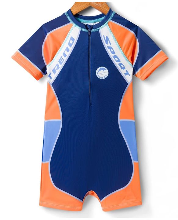 Pine Kids Half Raglan Sleeves Text Printed Legged Swimsuit with Cap- Navy Blue