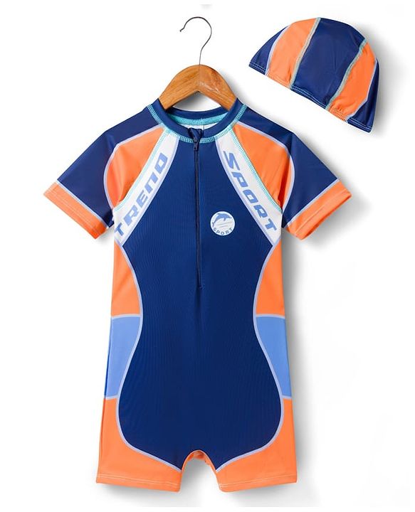 Pine Kids Half Raglan Sleeves Text Printed Legged Swimsuit with Cap- Navy Blue