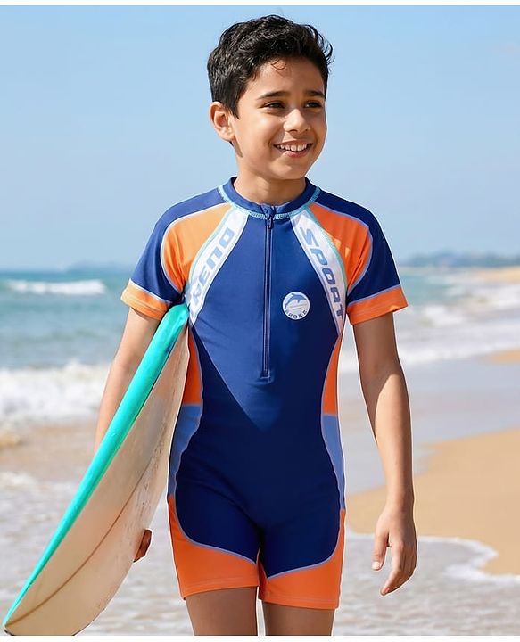 Pine Kids Half Raglan Sleeves Text Printed Legged Swimsuit with Cap- Navy Blue