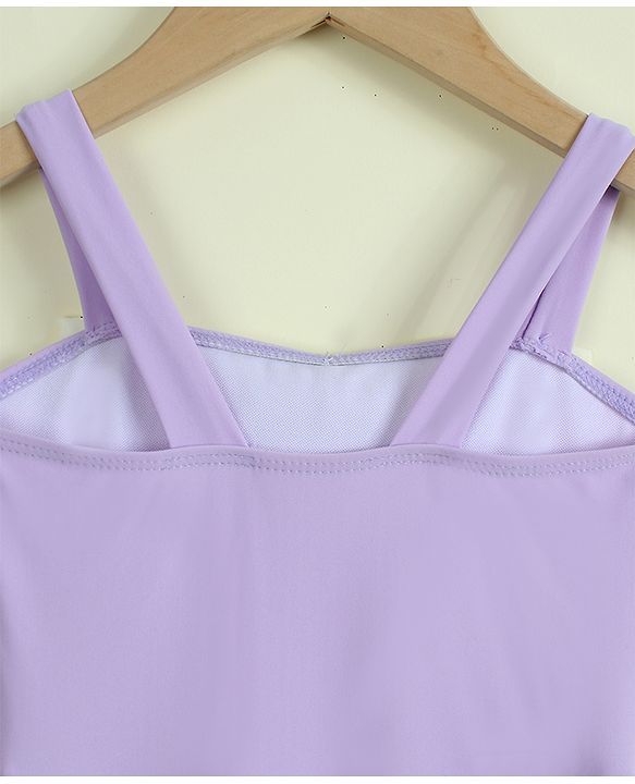 Babyhug Sleeveless Solid Frock Swimsuit With Bow Applique & Cap - Purple