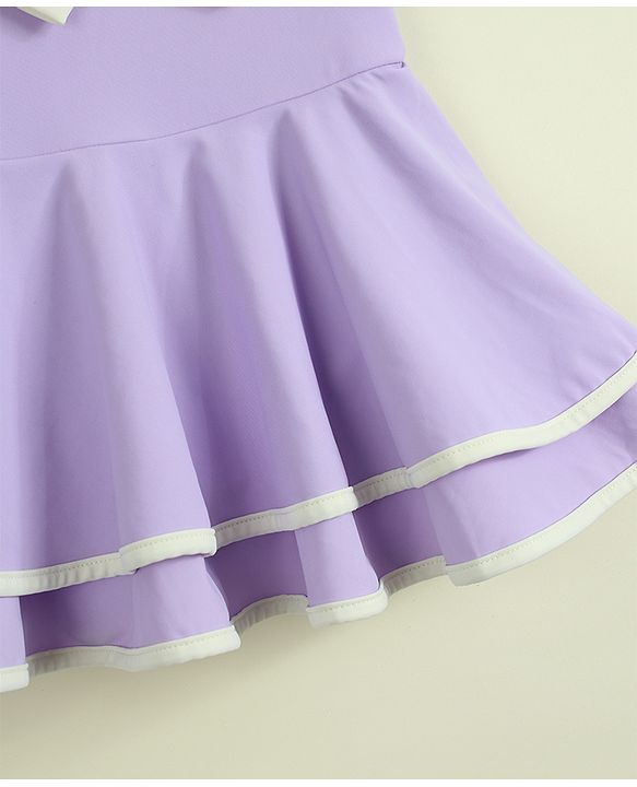 Babyhug Sleeveless Solid Frock Swimsuit With Bow Applique & Cap - Purple