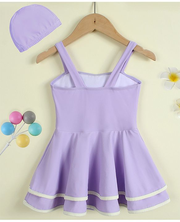 Babyhug Sleeveless Solid Frock Swimsuit With Bow Applique & Cap - Purple