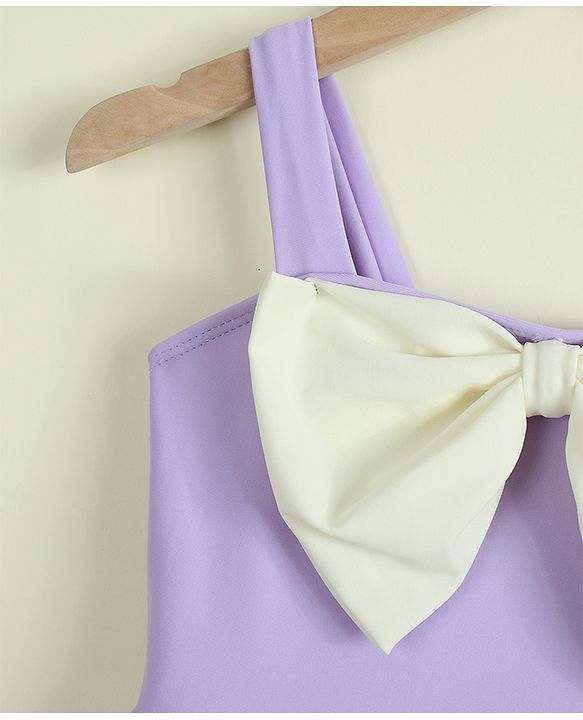 Babyhug Sleeveless Solid Frock Swimsuit With Bow Applique & Cap - Purple