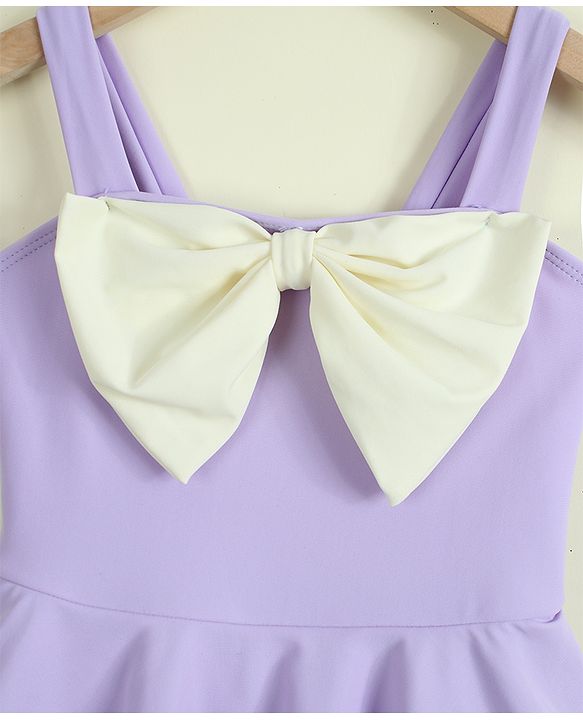 Babyhug Sleeveless Solid Frock Swimsuit With Bow Applique & Cap - Purple