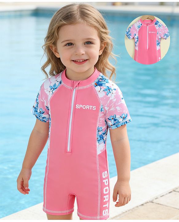 Babyhug Half Raglan Sleeves Floral Printed Legged Swimsuit - Pink