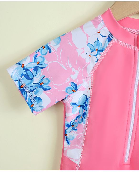 Babyhug Half Raglan Sleeves Floral Printed Legged Swimsuit - Pink
