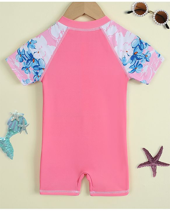Babyhug Half Raglan Sleeves Floral Printed Legged Swimsuit - Pink