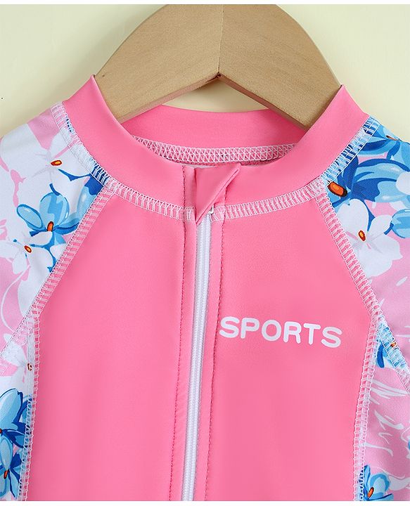 Babyhug Half Raglan Sleeves Floral Printed Legged Swimsuit - Pink