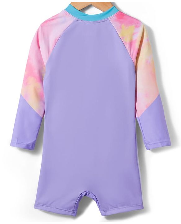 Babyhug Full Raglan Sleeves Printed Legged Swimsuit - Purple