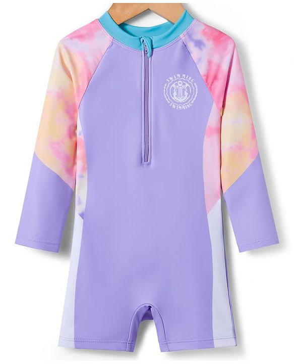 Babyhug Full Raglan Sleeves Printed Legged Swimsuit - Purple