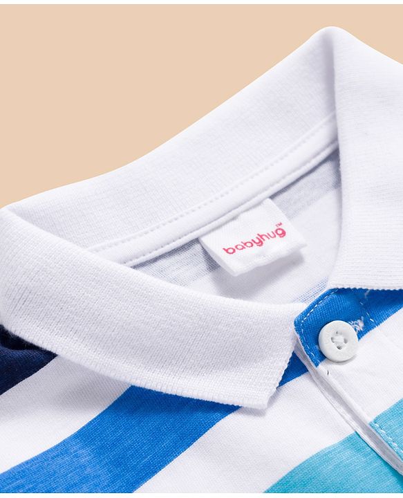 Babyhug 100% Cotton Knit Half Sleeves Polo T-Shirt with Stripes & California Text Print - White