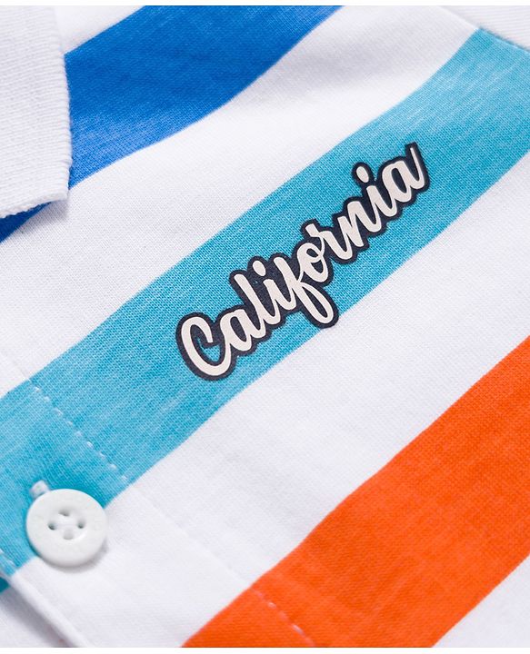 Babyhug 100% Cotton Knit Half Sleeves Polo T-Shirt with Stripes & California Text Print - White
