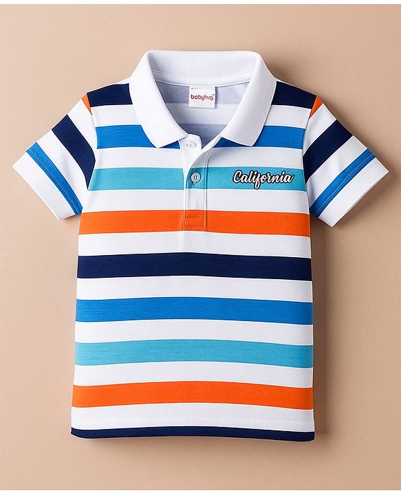 Babyhug 100% Cotton Knit Half Sleeves Polo T-Shirt with Stripes & California Text Print - White
