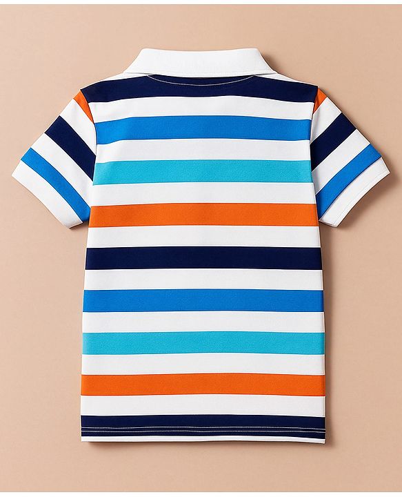 Babyhug 100% Cotton Knit Half Sleeves Polo T-Shirt with Stripes & California Text Print - White