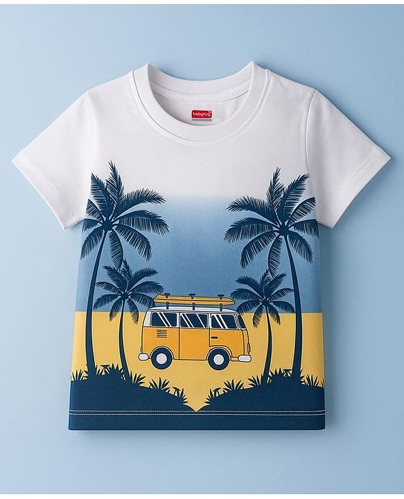 Babyhug Cotton Knit Half Sleeves T-Shirt with Vehicle & Beach Theme Print - White