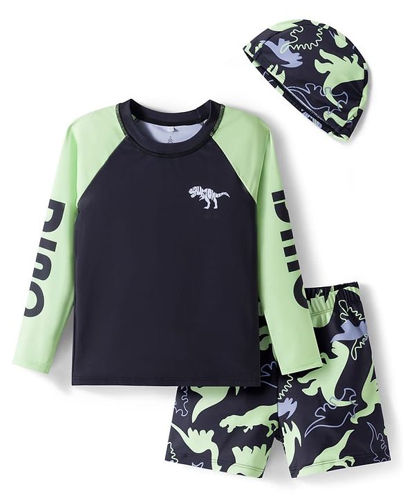 Pine Kids Raglan Full Sleeves Two Piece Swimsuit & Cap Text with Dino Print - Black