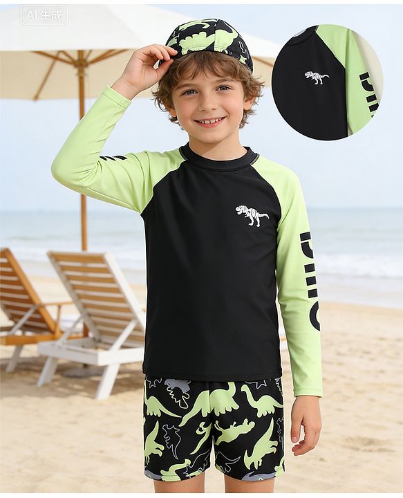 Pine Kids Raglan Full Sleeves Two Piece Swimsuit & Cap Text with Dino Print - Black