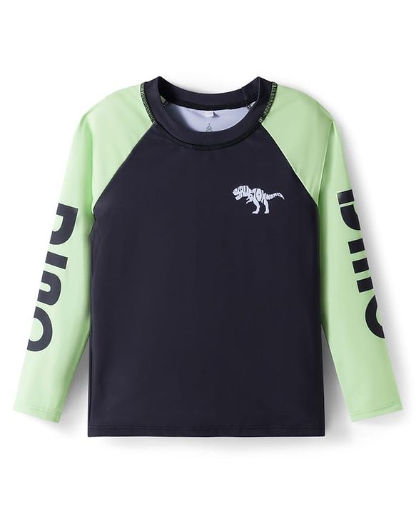 Pine Kids Raglan Full Sleeves Two Piece Swimsuit & Cap Text with Dino Print - Black