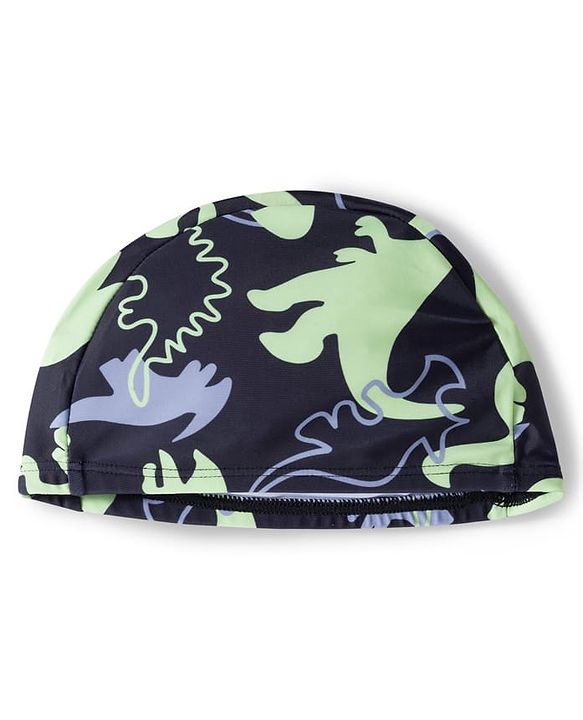 Pine Kids Raglan Full Sleeves Two Piece Swimsuit & Cap Text with Dino Print - Black