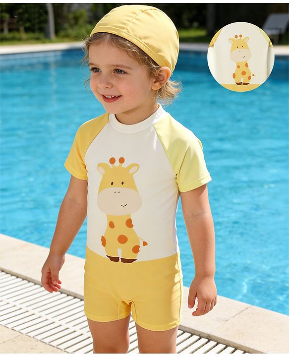 Babyhug Raglan Half Sleeves Giraffe Printed Legged Swimsuit With Cap - Light Yellow & White