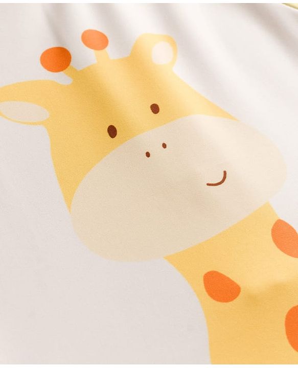 Babyhug Raglan Half Sleeves Giraffe Printed Legged Swimsuit With Cap - Light Yellow & White
